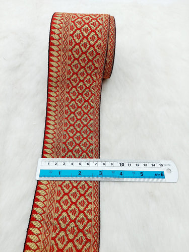 Jacquard Saree Border, Red And Gold Woven Thread Work Trim, Jacquard Trimming Decorative Trim